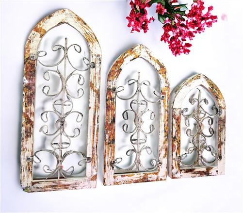 3 Arched Wood Metal Gothic Window Frames, Architectural Church Window Frames,