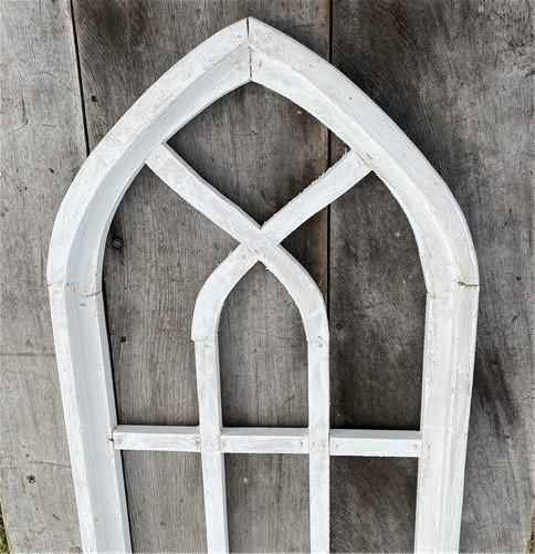 White Arched Cathedral Window Frame, Wooden Church Frame, Gothic Wall Decor