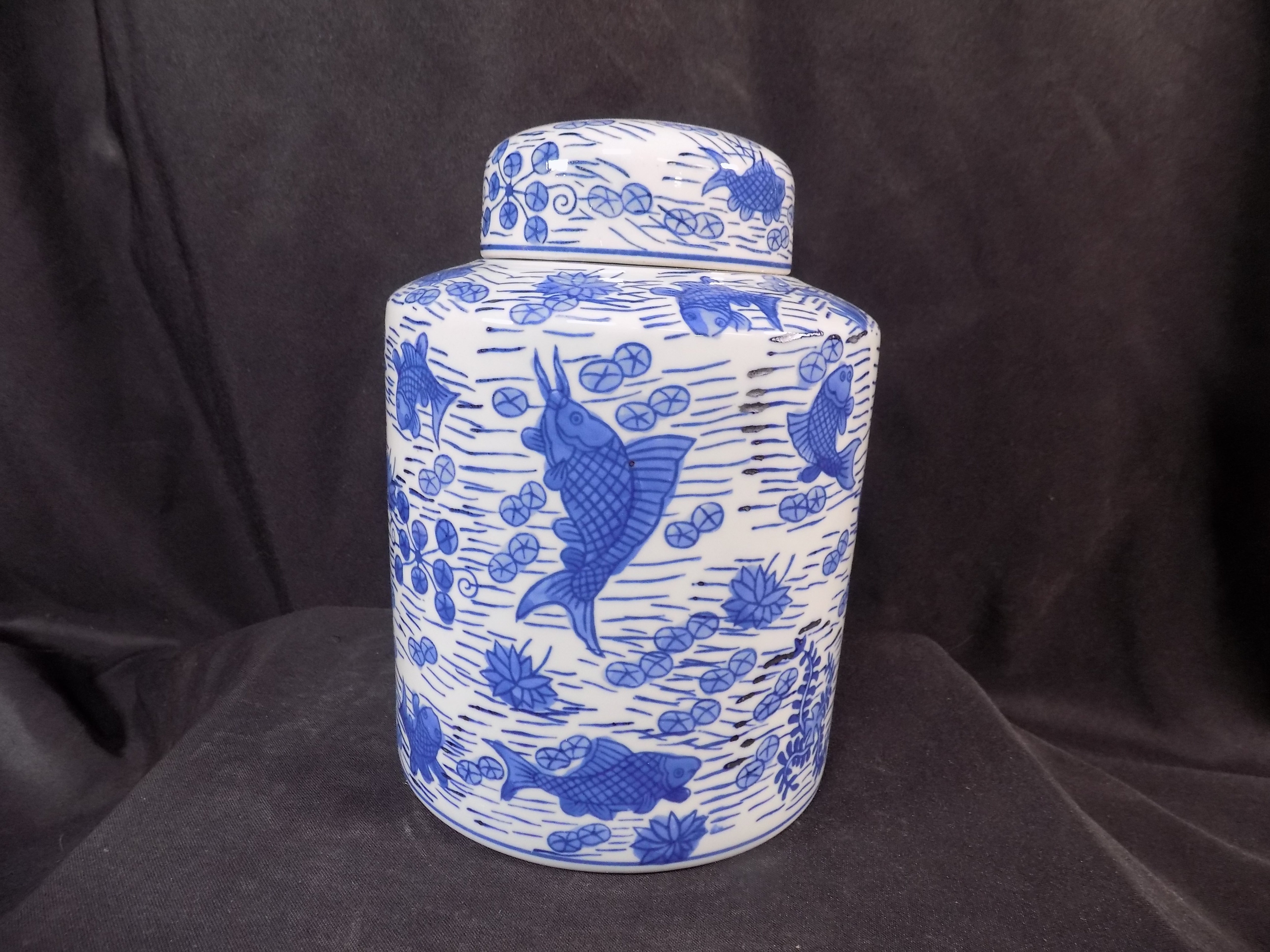 chinesekoi fish lid box porcelain 16 Inch Koi Motif chinese Fishbowl Planter decorated so no two pieces are completely identical New Chinese Koi Porcelain - 8