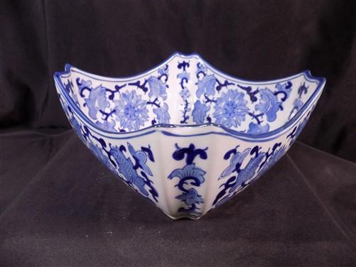Square Blue & White Floral Bowl, Chinese Porcelain Decor, Asian Chinoiserie D