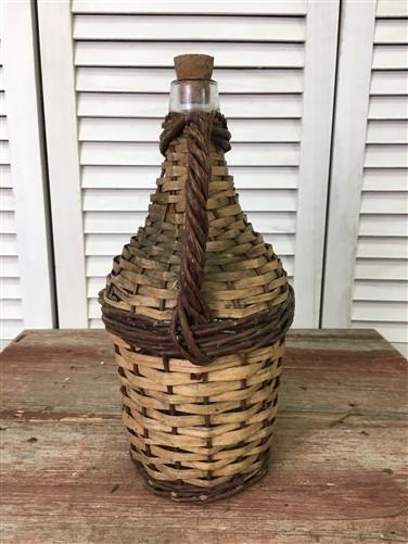 Small French Glass Demijohn Bottle, Woven Wicker Bottle, Rustic Farmhouse A2