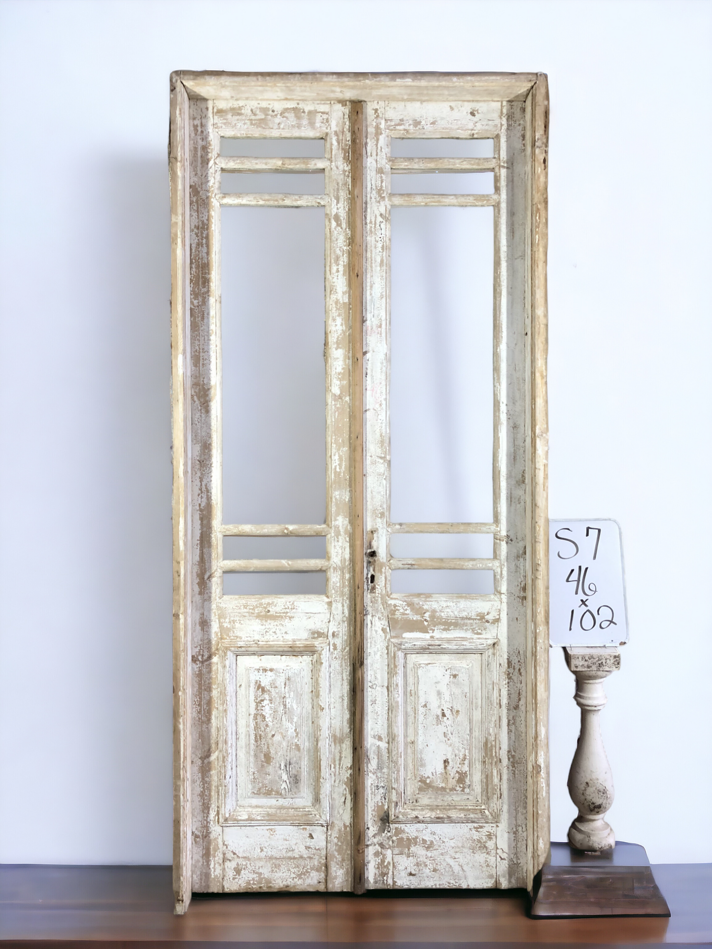 Antique Encased French Double Doors (46x102) 5 Pane Glass European Door Jamb S7