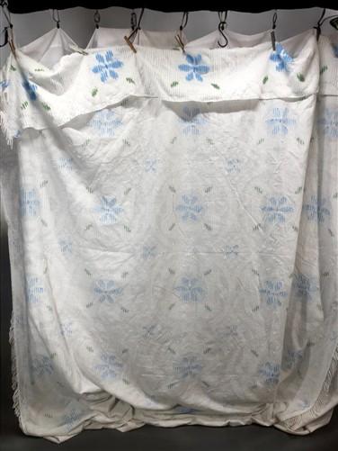 Blue White Green Floral Fringed Chenille Bedspread, Vintage Double Bedding