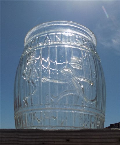 Planters Peanut Glass Jar with Lid, Running Mr Peanut Barrel Candy Cookie Jar