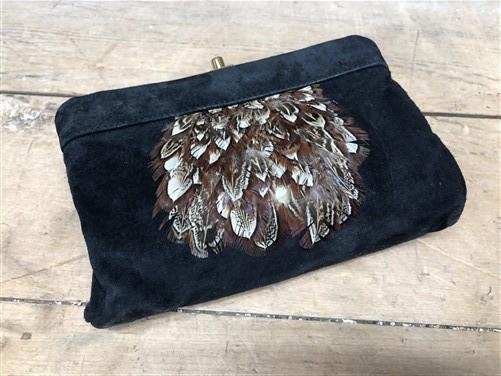Clutch purse - 70s Ruth Saltz Suede Clutch Purse, Vintage Feathered Shoulder Bag by The Old Grainery (1970s, bag, black)