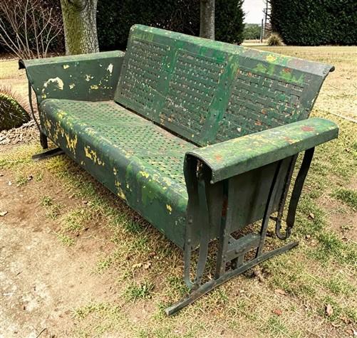 Glider - Metal Porch Glider Bench, Vintage Garden Patio Seat, Green Chippy Paint, Outdoor by The Old Grainery (antique, ga...