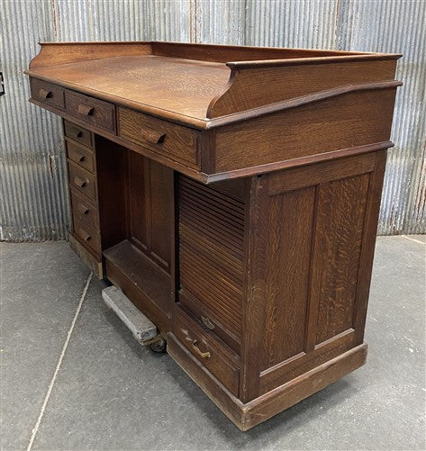 Antique Oak Merchant's Desk/General Store Counter, Work Station, Tambor Cabinet