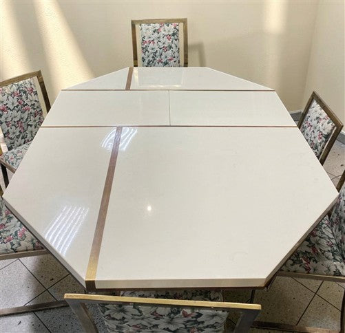 Jean Claude Mahey Style Dining Table 2 Leaves 6 Brass Chairs, Vintage Dining Set
