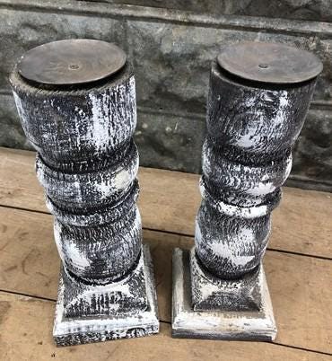 Home & Living > Home Decor > Home Accents - Pair Gray Wooden Pillar 14" Candlestick Holders, Decor, Table Centerpiece, B b...