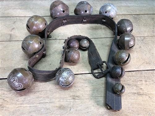 Home & Living > Home Decor > Home Accents > Bells - 15 Sleigh Bells Horse Rein Leather Strap, Christmas Winter Brass Jingl...