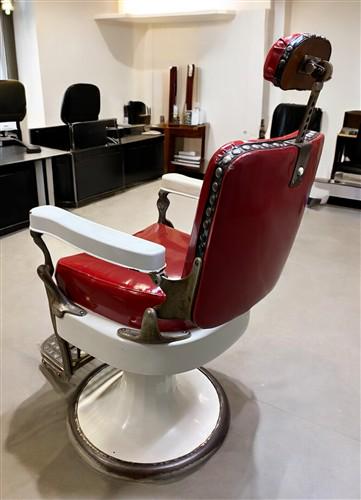 Pair of Vintage Red Barber Chairs, Mid Century Barbershop Salon Chair, Cast Iron