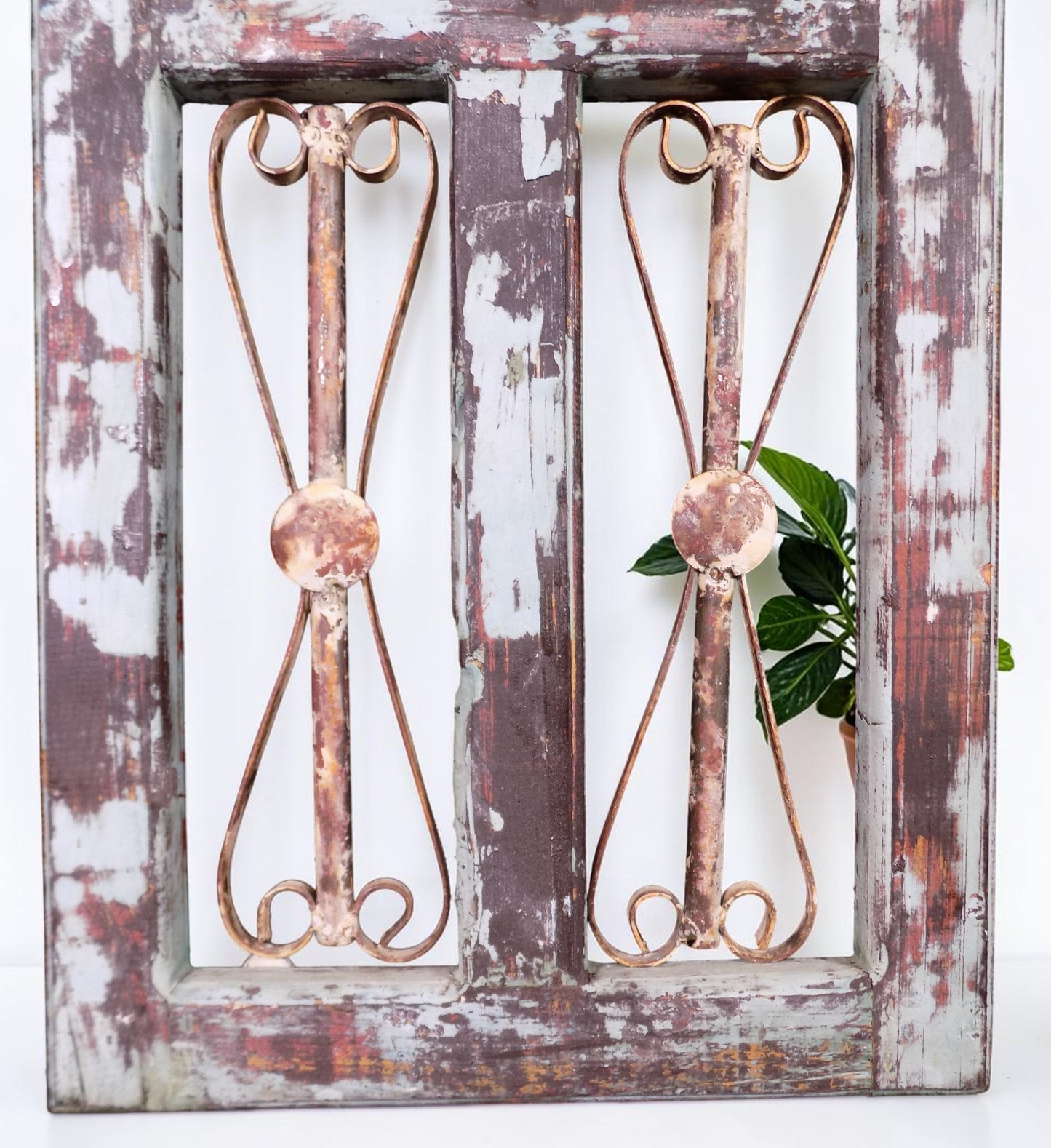 Blue Metal Heart Wood Window Frame, Arched Architectural Rustic Wall Decor A