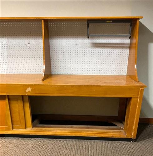 10' Wrapping Station, Vintage Store Counter, Built-in Display Back, Workbench