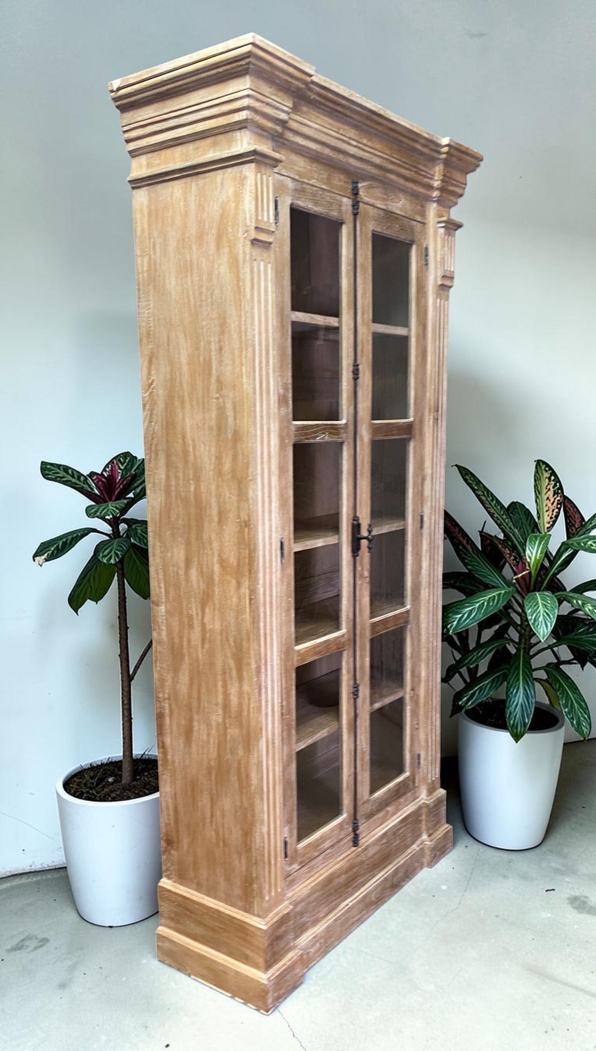Library Bookcase, 2 Door Natural Display Case, Showcase, Kitchen Cabinet, F