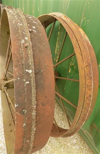 2 Cast Iron Implement Wheels, Wagon Wheel, Tractor Steel Rims, Industrial Age E