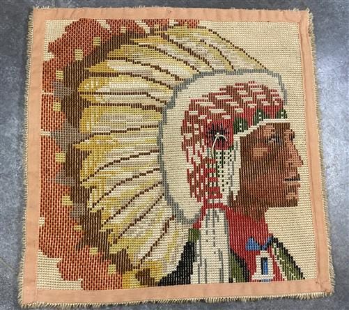 Native American Indian Chief Latch Hook Rug Wall Art, Vintage 1970s Retro Art