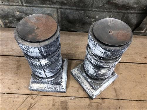 Home & Living > Home Decor > Home Accents - Pair Gray Wooden Pillar 10.5" Candlestick Holders, Decor, Table Centerpiece, A...