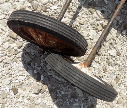 Home & Living > Outdoor & Gardening > Wheels & Wheelbarrows - 4 Vintage Metal Baby Buggy Wheels Pedal Car Garden Cart Pump...