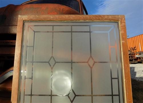 Etched Frosted Clear Glass Vintage Church Window, Architectural Art Glass, C