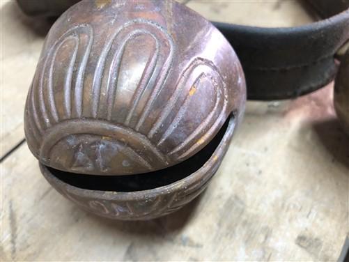Home & Living > Home Decor > Home Accents > Bells - 15 Sleigh Bells Horse Rein Leather Strap, Christmas Winter Brass Jingl...