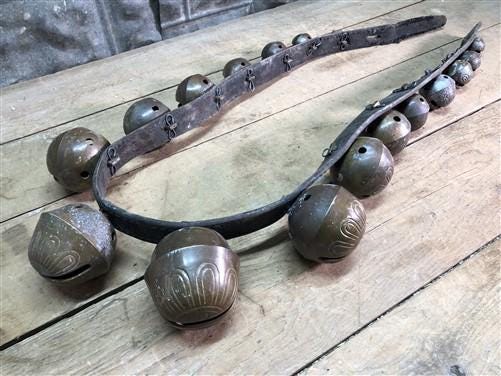 Home & Living > Home Decor > Home Accents > Bells - 17 Sleigh Bells Horse Rein Leather Strap, Christmas Winter Brass Jingl...