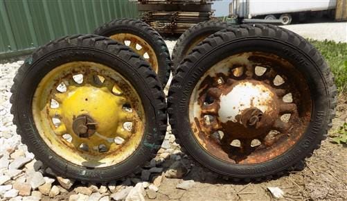 Toys & Games > Toys > Push & Pull Toys > Wagons - 4 Vintage Metal Baby Buggy Wheels Pedal Car Garden Cart Pumpkin Wagon A5...