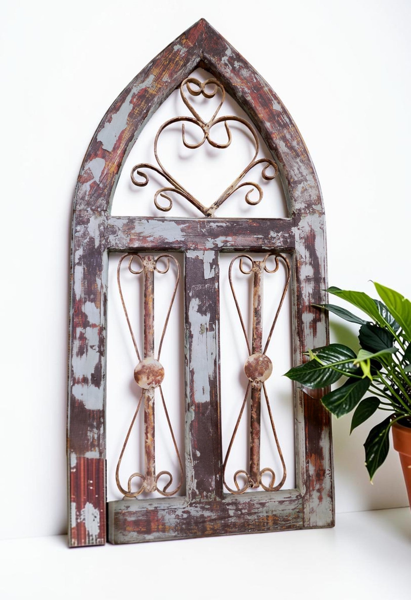Blue Metal Heart Wood Window Frame, Arched Architectural Rustic Wall Decor A