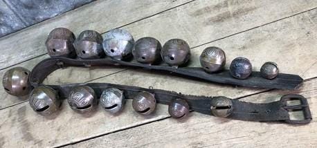 Home & Living > Home Decor > Home Accents > Bells - 15 Sleigh Bells Horse Rein Leather Strap, Christmas Winter Brass Jingl...