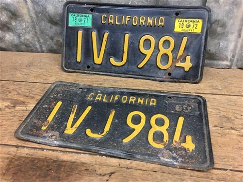 License Plates - California Black Yellow License Plates Tags, Matched Set Original IVJ984 by The Old Grainery (black and y...
