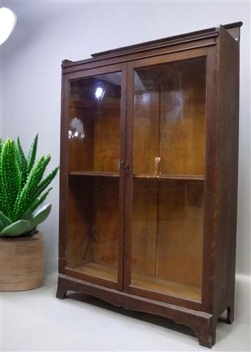 Antique Glass Front Display Cabinet, Double Door Wood Curio Bookcase Showcase