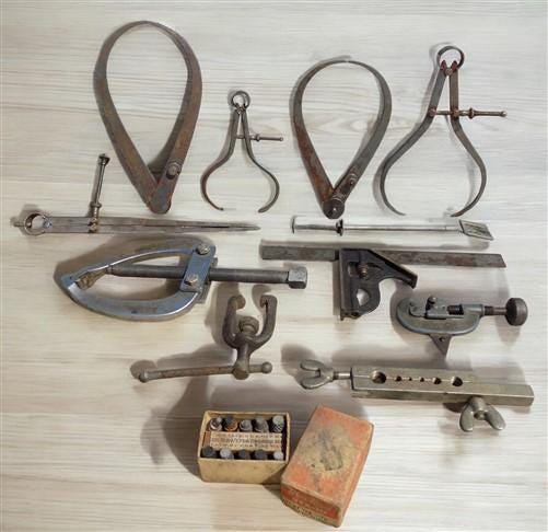 Lot Vintage Machinist Tools, Calipers, Pipe Cutter, Rex 10 Extractors, More