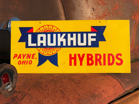 Laukhuf Hybrids, Vintage Metal Advertising Sign, Payne Ohio, Seed Corn Sign 20x9