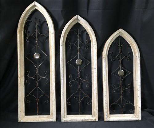 Set 3 Wood Metal Gothic Window Frames, Distressed Architectural Window Decor