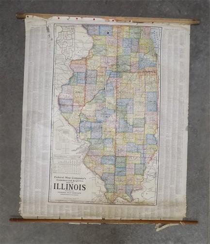 Illinois Map, Commercial Civic Federal Map, Vintage Canvas, Historical Wall Art
