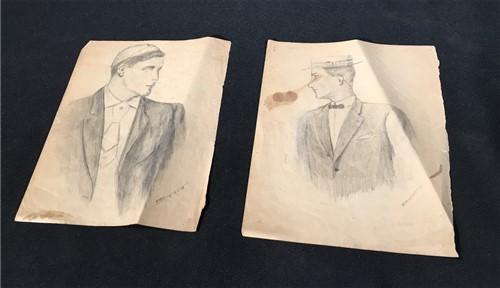 1908 Folk Art Pencil Sketches, W Hill Hand Sketched Drawing, 2 Pencil Portraits,