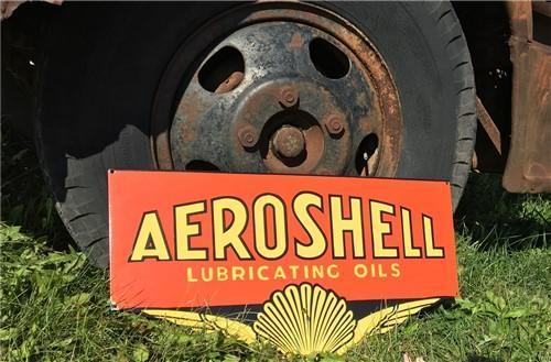Signs - Aeroshell Lubricating Oil Sign, Metal Porcelain Advertising Sign, Gas Station A, by The Old Grainery (advertising,...