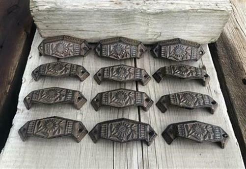 12 Floral Drawer Pulls, Antique Style Handles, Rustic Cast Iron Hardware