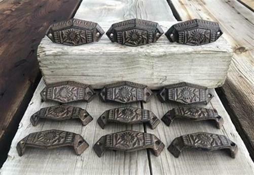 12 Floral Drawer Pulls, Antique Style Handles, Rustic Cast Iron Hardware