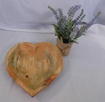 Wooden Heart Bread Dough Bowl, Rustic French Country Carved Centerpiece Q