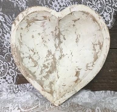 White Wood Heart Bread Dough Bowl, Rustic French Country Carved Centerpiece L