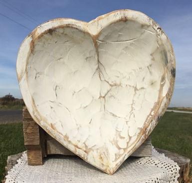 White Wood Heart Bread Dough Bowl, Rustic French Country Carved Centerpiece Y
