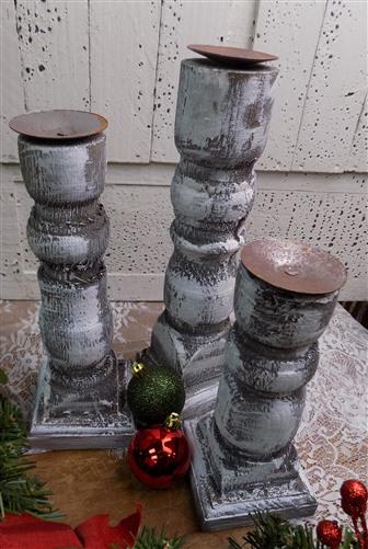 Candleholder - 3 Painted Gray Wood Pillar Candlestick Holders, Mantel Decor, Table Centerpiece, by The Old Grainery (Candl...