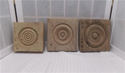 Wood Tim - 3 Plinth Blocks, Antique Bullseye Rosettes, Architectural Salvage, Wood Trim B12 by The Old Grainery (3, Antiqu...