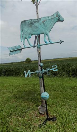 3D Cow Weathervane, Lightning Rod Barn Topper, Country Decor Rustic Patina