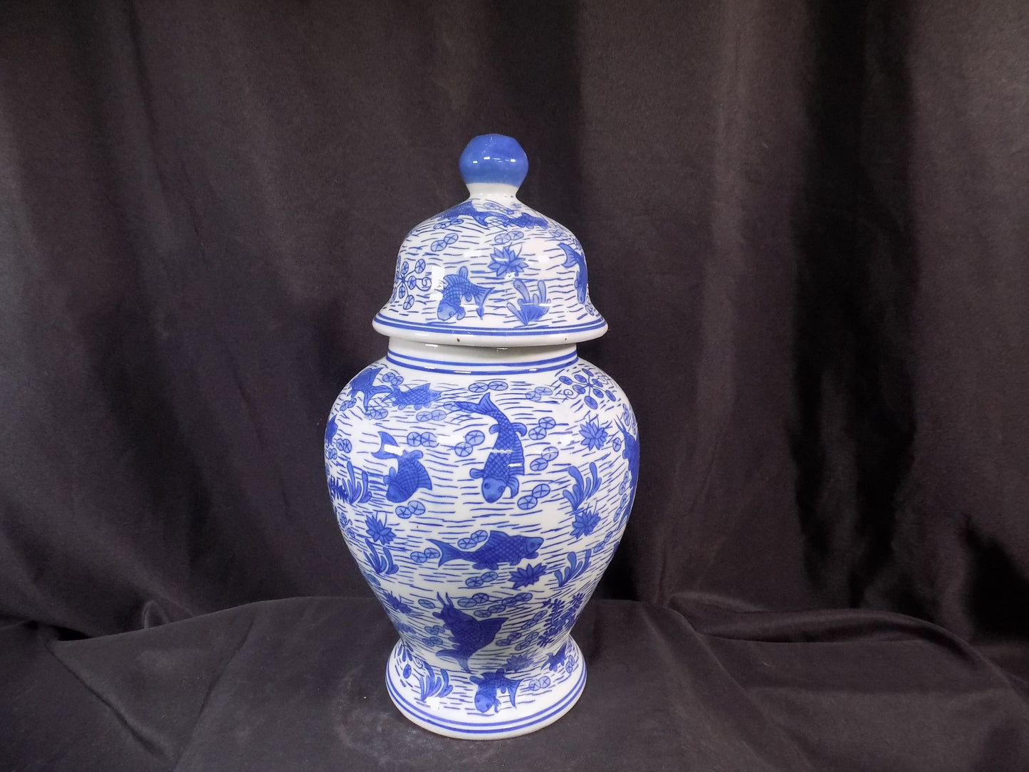 Blue & White Koi Fish Temple Jar, 14 Chinese Porcelain Decor, Chinoiserie A3