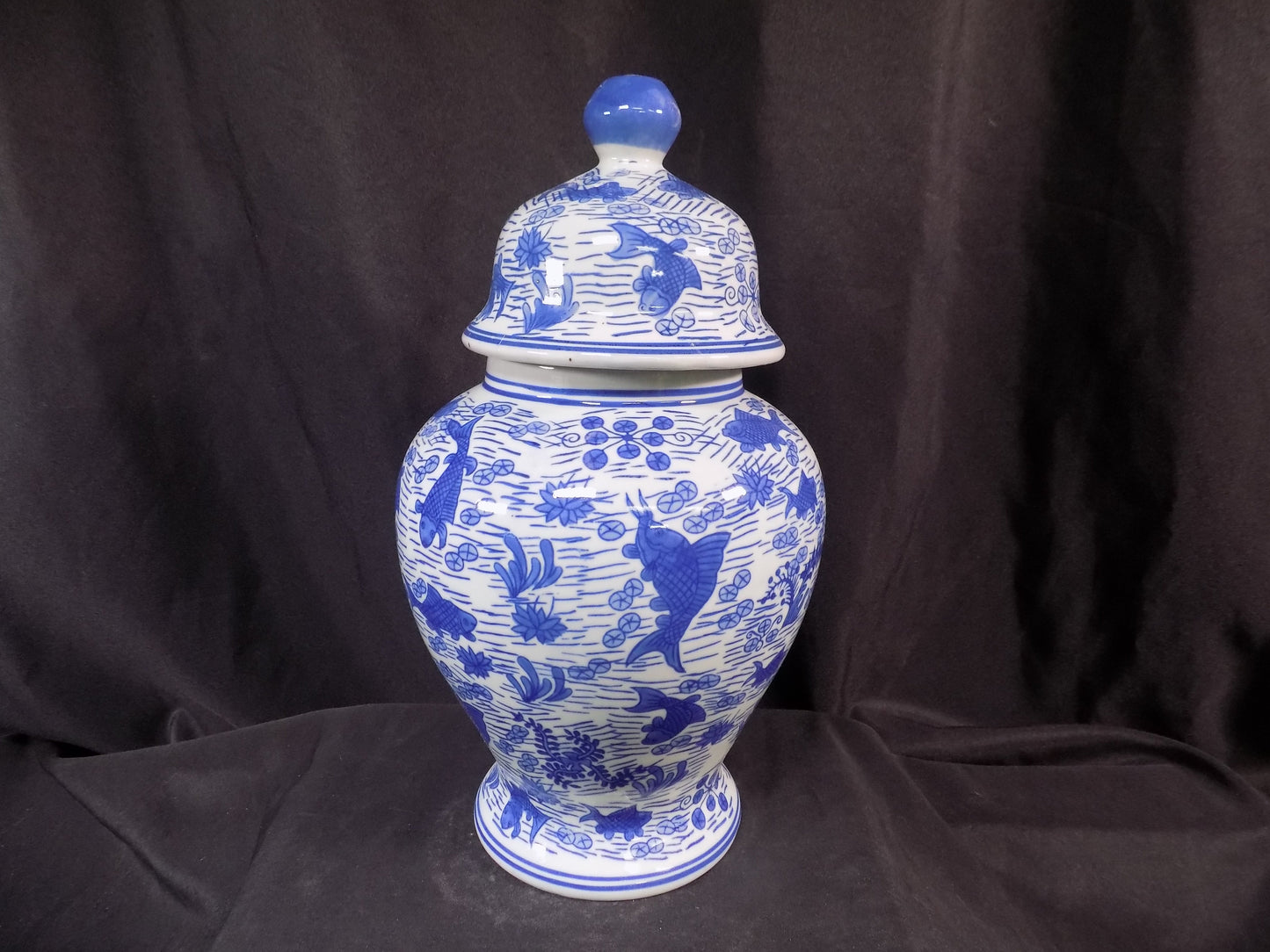 Blue & White Koi Fish Temple Jar, 14 Chinese Porcelain Decor, Chinoiserie A3