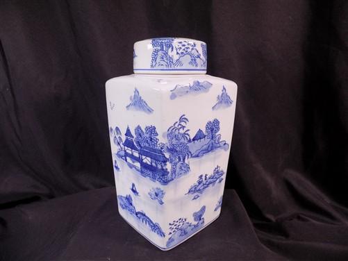 Ginger Jar - Square Blue Willow Ginger Jar, 12 Chinese Porcelain Decor, Asian Chinoiserie I, by The Old Grainery (Asian, A...