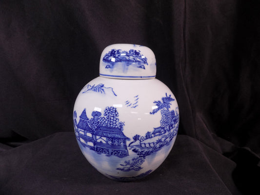 Decorative jar - Blue & White Pagoda Ginger Jar, 8 Chinese Porcelain Decor, Chinoiserie Q, by The Old Grainery (Asian, Asi...