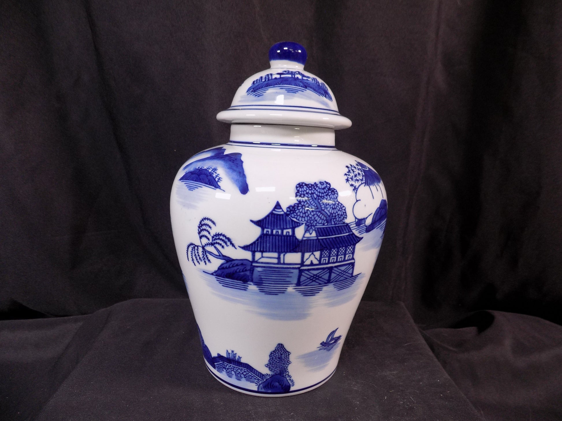 Decorative jar - Blue & White Pagoda Ginger Jar, 10 Chinese Porcelain Decor, Chinoiserie X, by The Old Grainery (Asian, As...