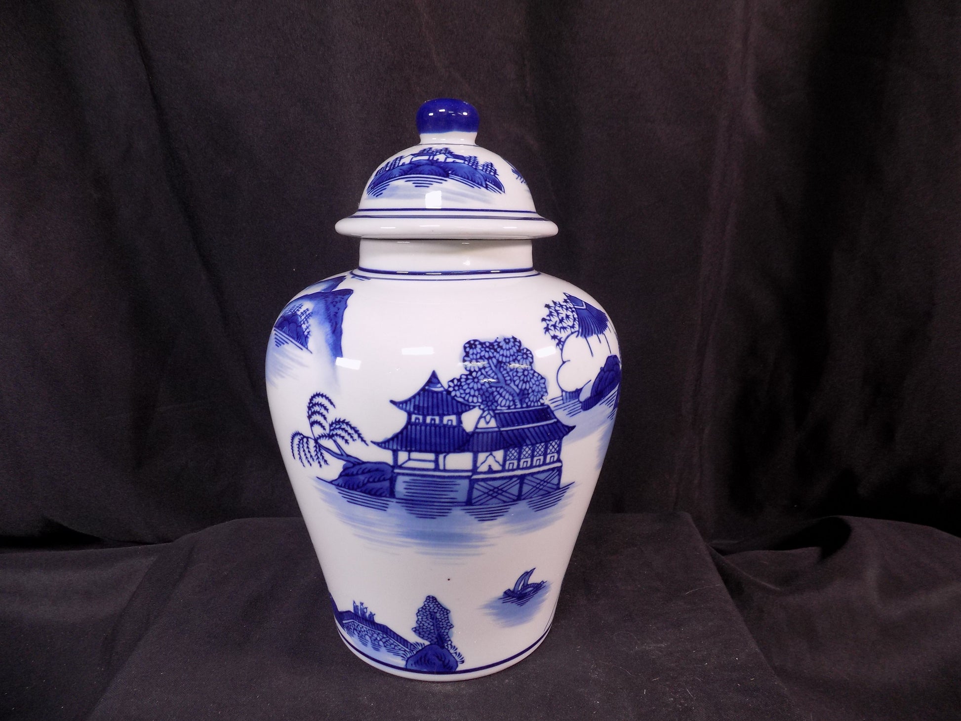 Decorative jar - Blue & White Pagoda Ginger Jar, 10 Chinese Porcelain Decor, Chinoiserie X, by The Old Grainery (Asian, As...